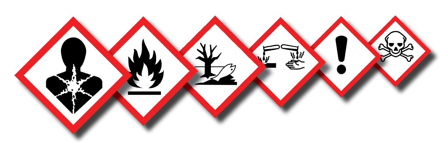 6 hazard signages - toxic, pollution, flamable, poison, corrosive