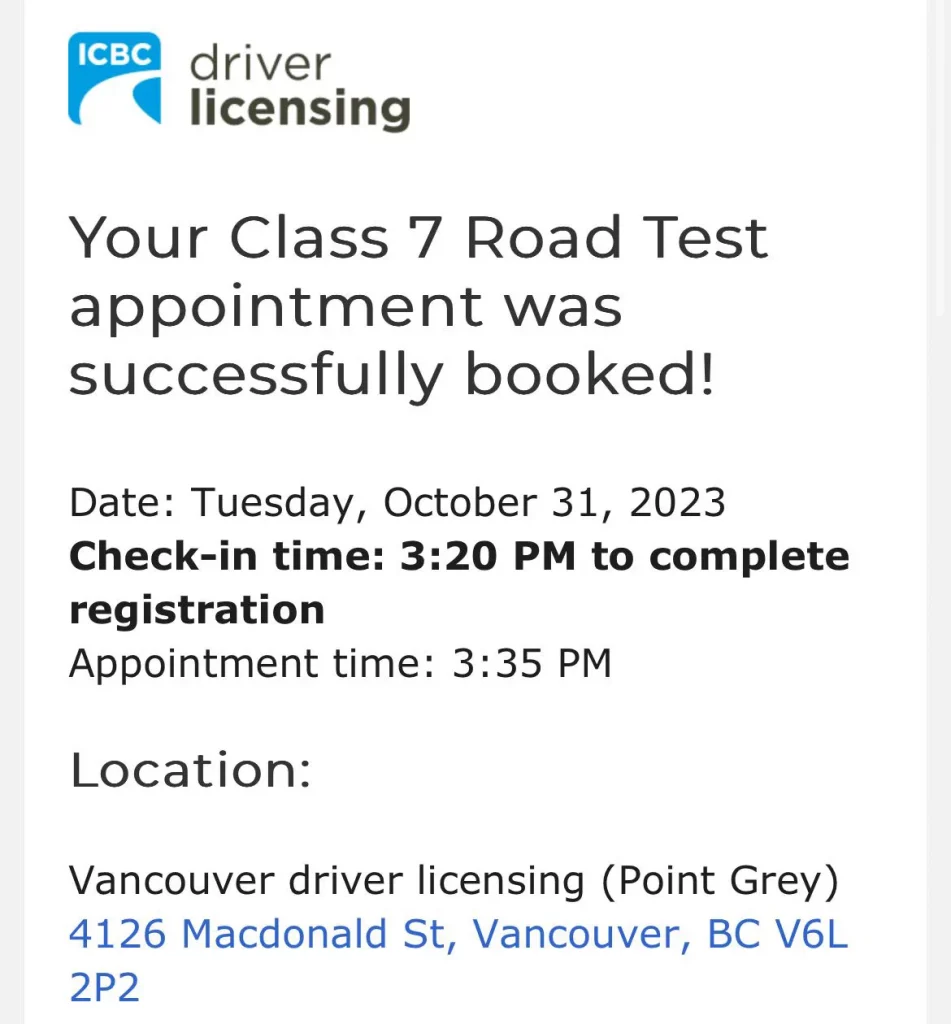 ICBC road test booking confirmation