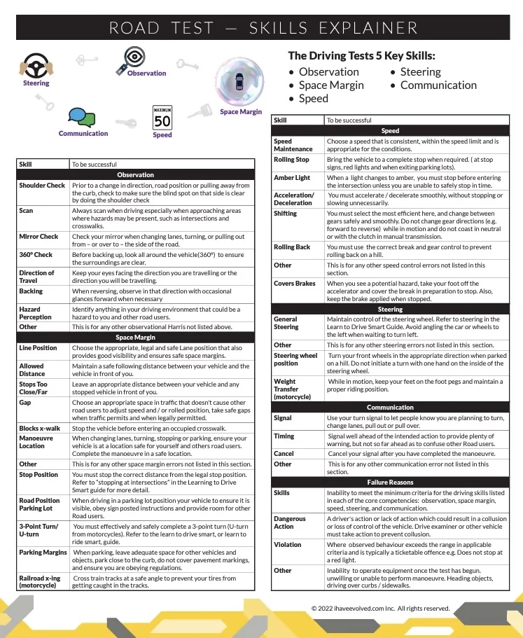 deetailed listng of requirements for passing a driving test